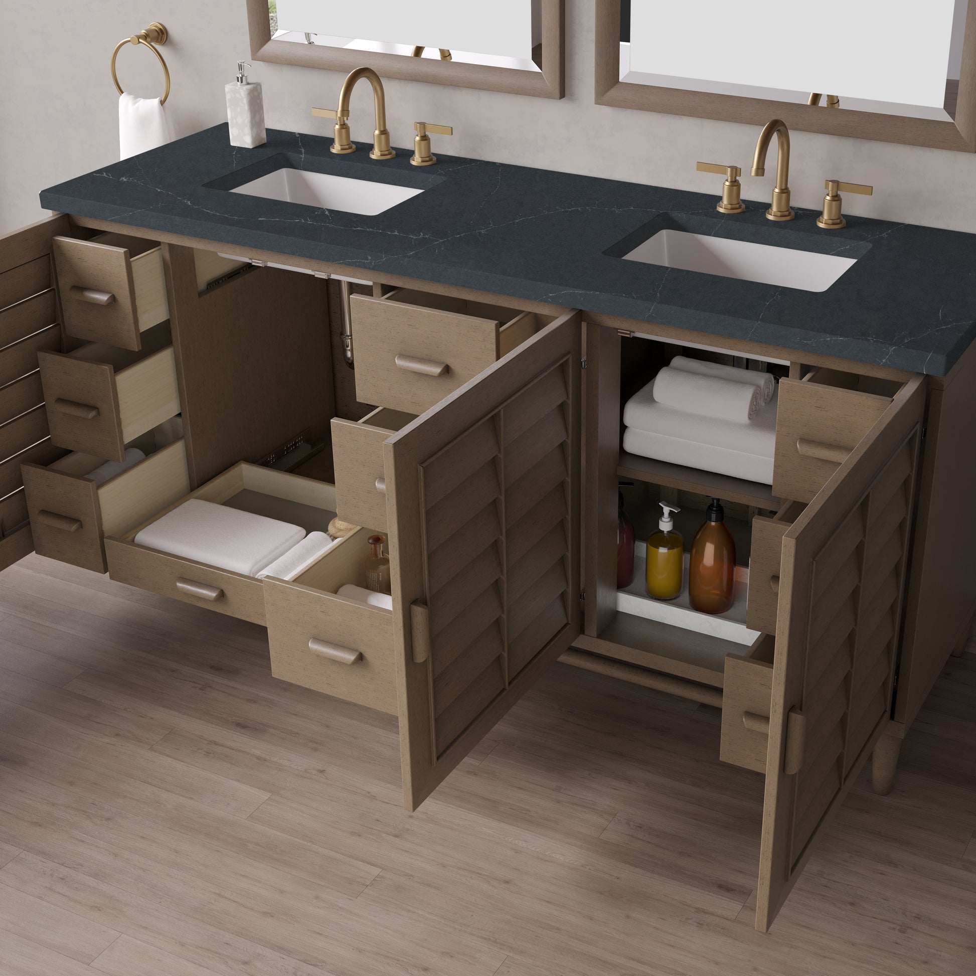 Renovate for Less Atlanta Portland 72" Double Vanity Whitewashed Walnut w/ 3 CM Charcoal Soapstone Silestone Top