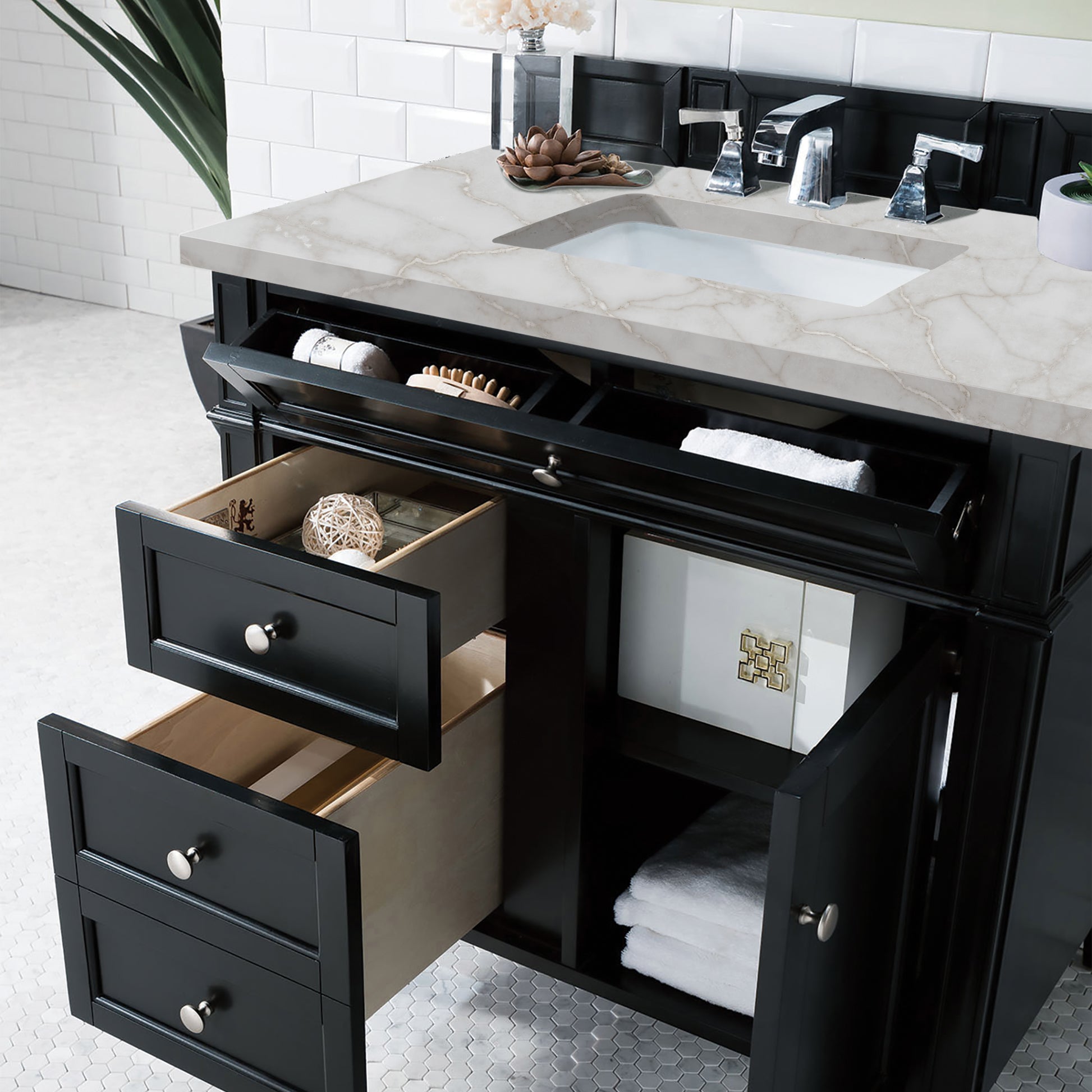 Renovate for Less Atlanta Brittany 36" Single Vanity, Black Onyx w/ 3 CM Victorian Silver Silestone Top