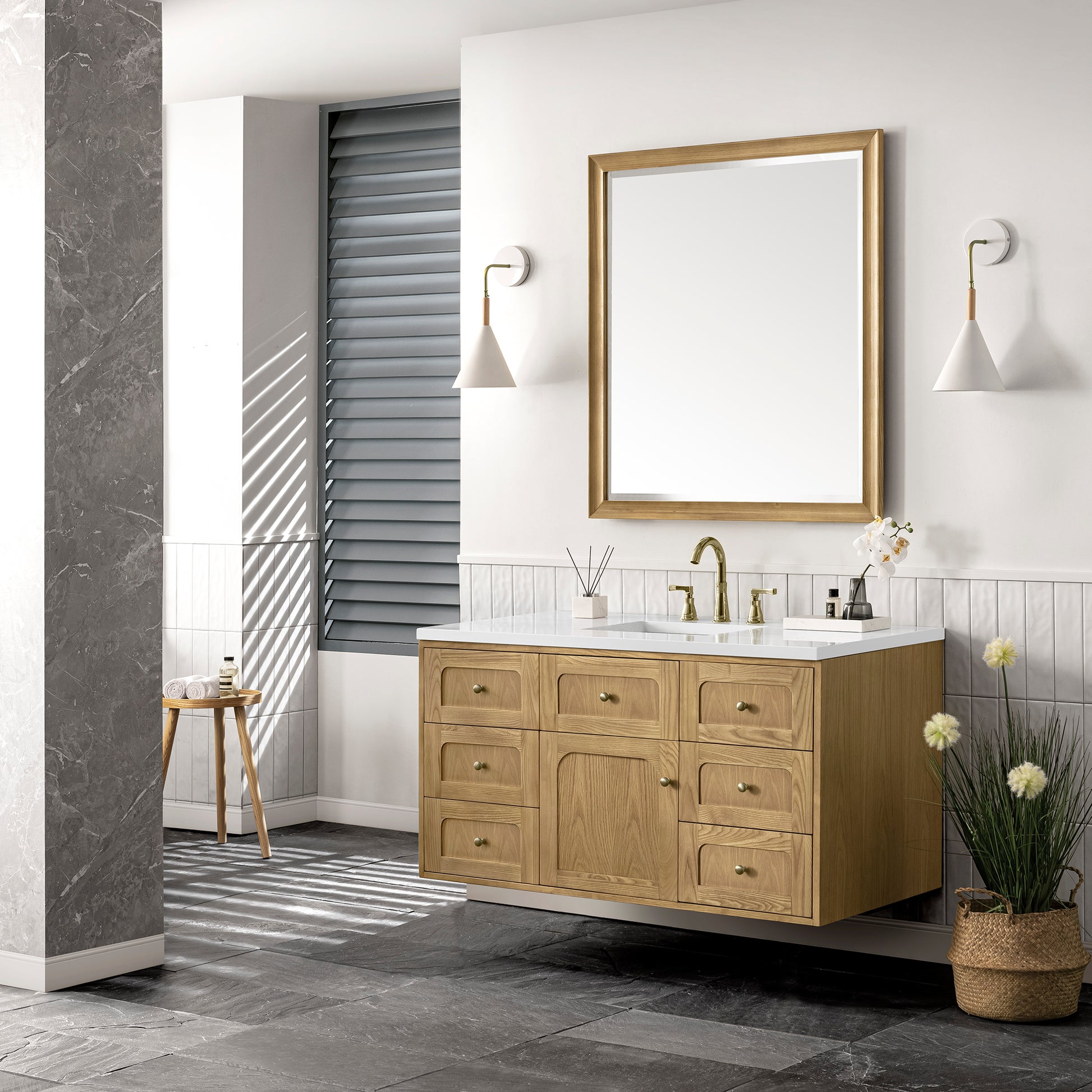 Renovate for Less Atlanta Laurent 48" Single Vanity, Light Natural Oak w/ 3 CM White Zeus Top