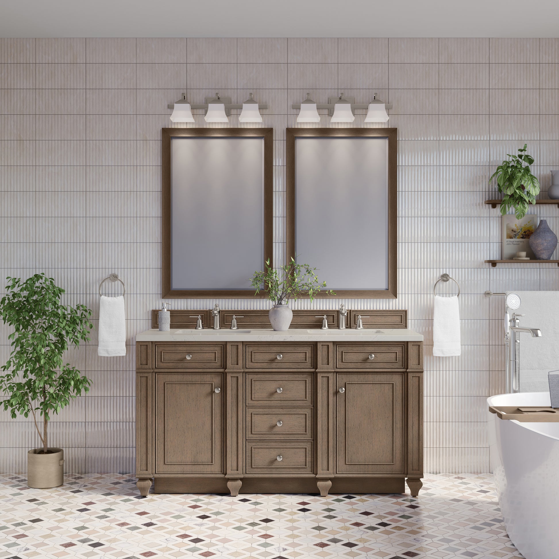 Renovate for Less Atlanta Bristol 60" Double Vanity, Whitewashed Walnut, w/ 3 CM Siberian Silestone Top