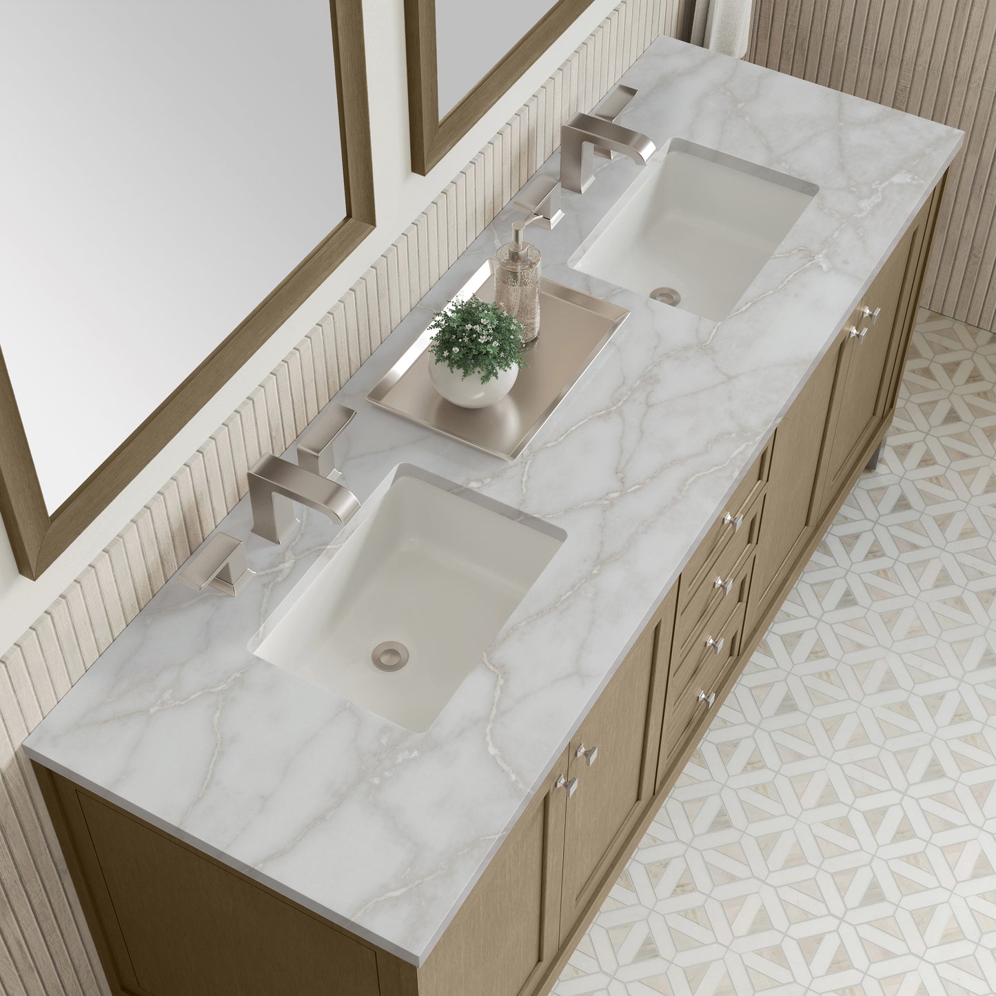 Renovate for Less Atlanta Chicago 72" Double Vanity, Walnut Whisper, w/ 3 CM Victorian Silver Silestone® Top