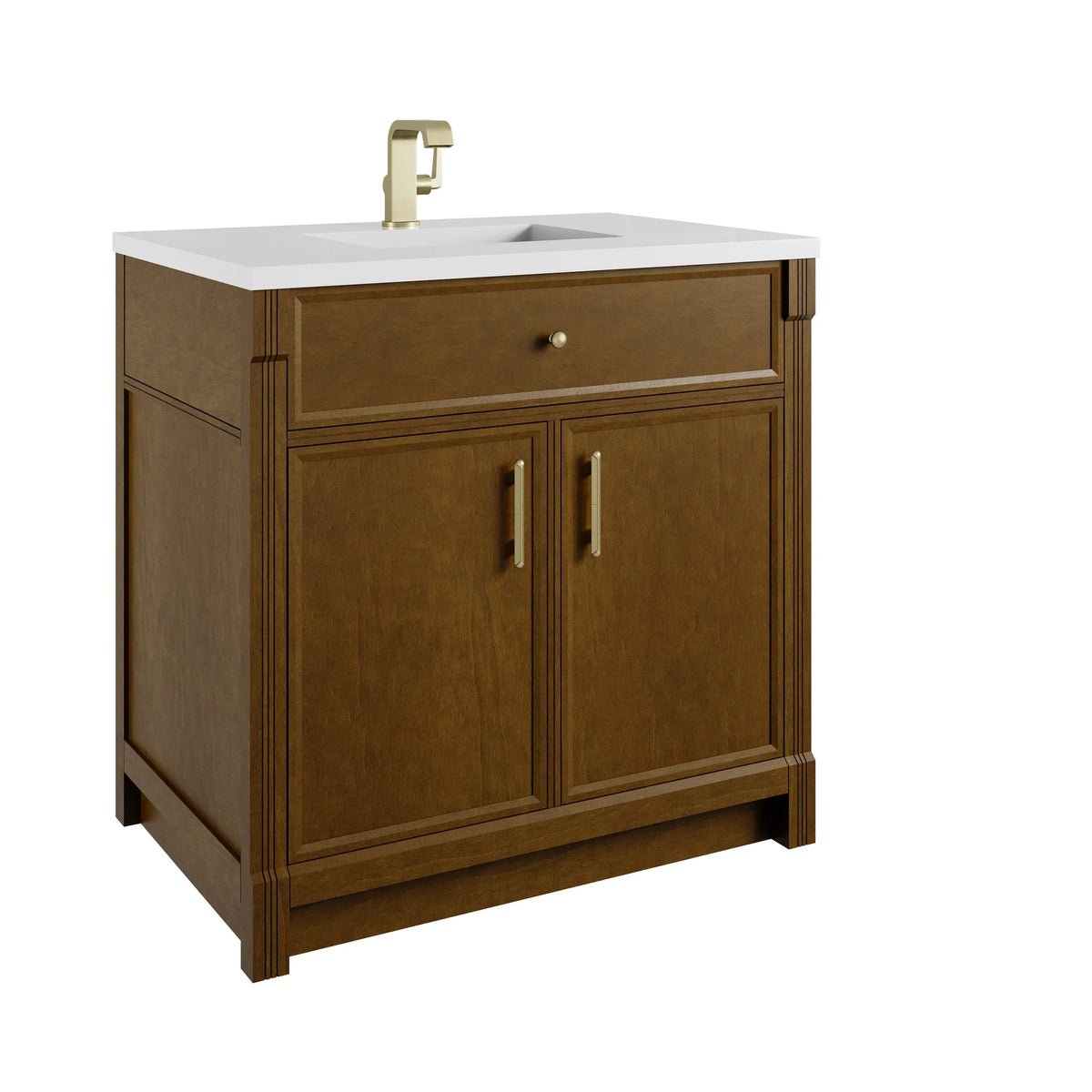 Bellshire 36" Single Vanity, Honey Oak w/ Single Hole 3 CM White Zeus Silestone Top and Matching Backsplash
