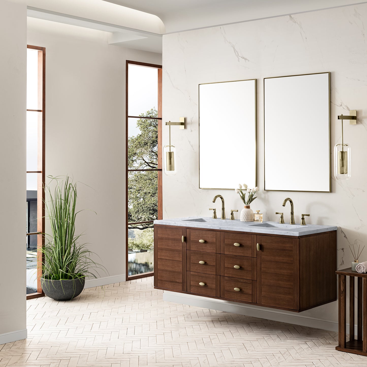 Renovate for Less Atlanta Amberly 60" Double Vanity, Mid-Century Walnut w/ 3 CM Carrara Marble Top