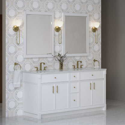 Renovate for Less Atlanta Bellshire 72" Double Vanity, Bright White w/ 3 CM Ethereal Noctis Silestone Top w/FreePower Wireless Charger