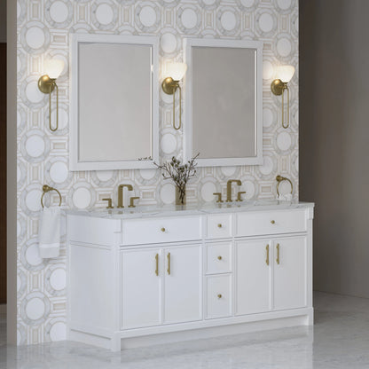 Bellshire 72" Double Vanity, Bright White w/ 3 CM Ethereal Noctis Silestone Top w/FreePower Wireless Charger