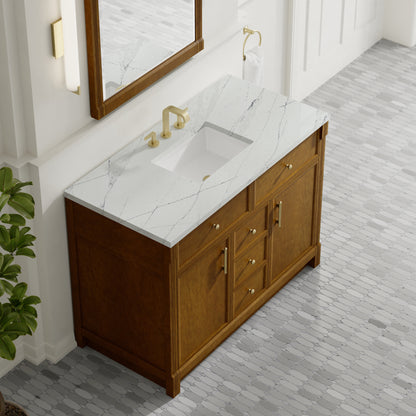 Renovate for Less Atlanta Bellshire 48" Single Vanity, Honey Oak w/ 3 CM Ethereal Noctis Silestone Top