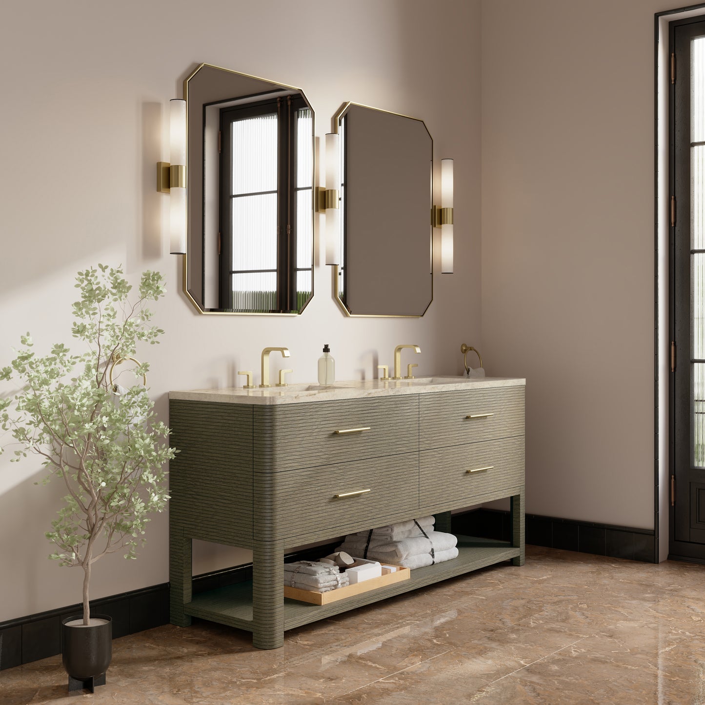 Renovate for Less Atlanta Lucian 72" Double Vanity, Pebble Oak, w/ 3 CM Tajnar Eclos Top w/FreePower Wireless Charger