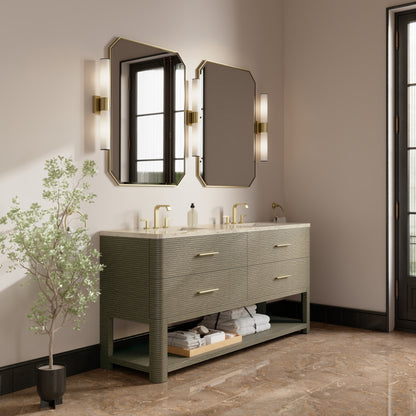 Renovate for Less Atlanta Lucian 72" Double Vanity, Pebble Oak, w/ 3 CM Tajnar Eclos Top w/FreePower Wireless Charger