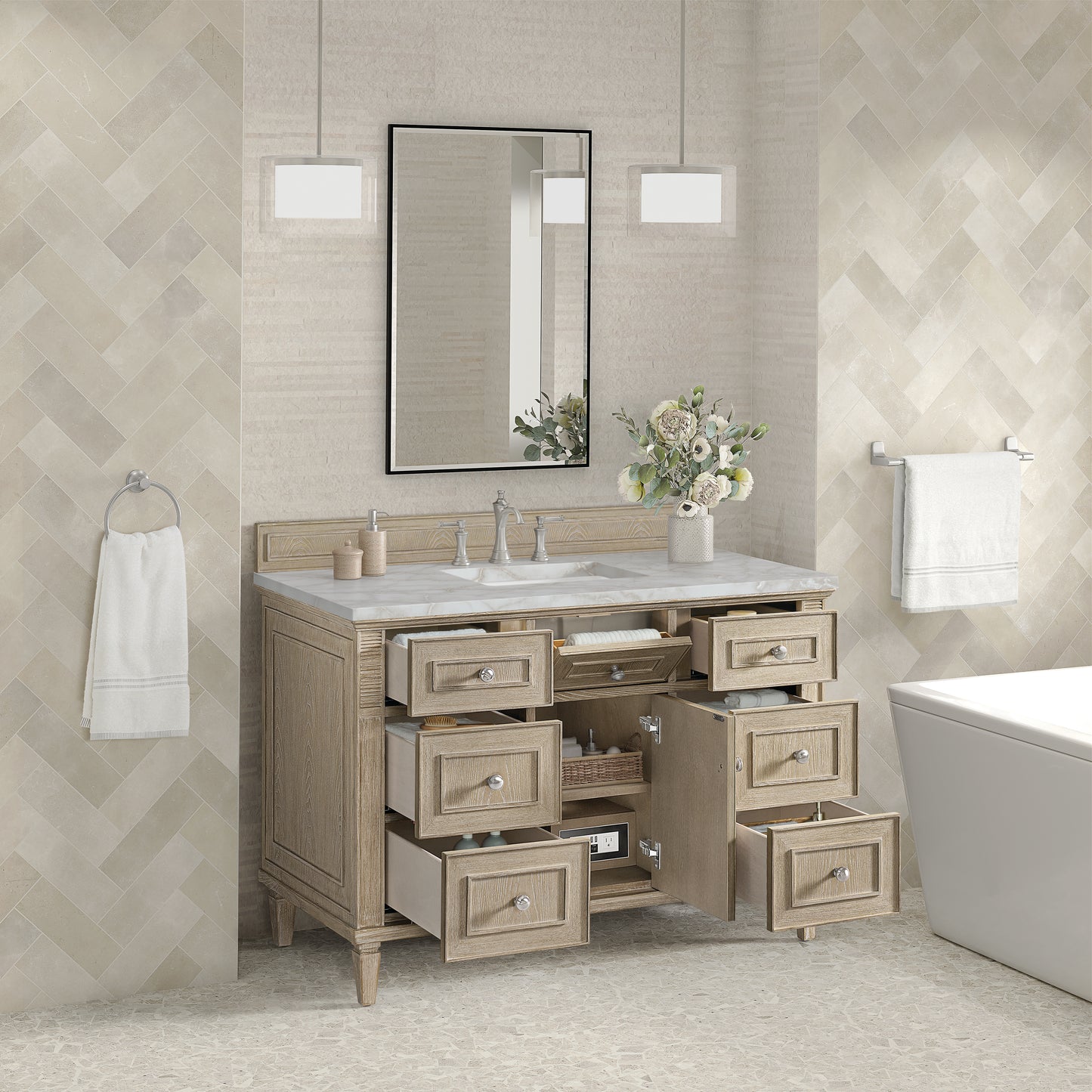 Renovate for Less Atlanta Lorelai 48" Single Vanity, Whitewashed Oak w/ 3 CM Victorian Silver Silestone Top w/FreePower Wireless Charger