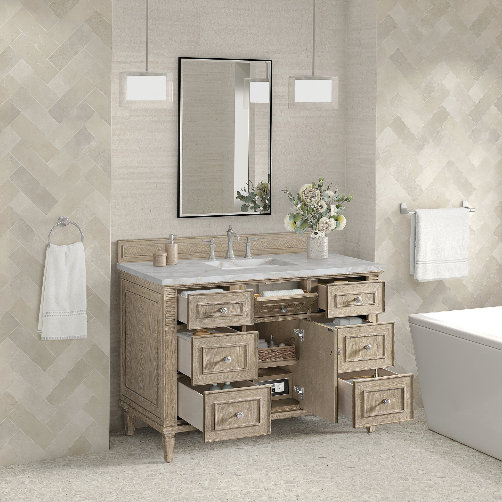Renovate for Less Atlanta Lorelai 48" Single Vanity, Whitewashed Oak w/ 3 CM Victorian Silver Silestone Top w/FreePower Wireless Charger
