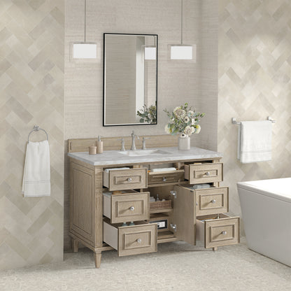 Renovate for Less Atlanta Lorelai 48" Single Vanity, Whitewashed Oak w/ 3 CM Victorian Silver Silestone Top w/FreePower Wireless Charger