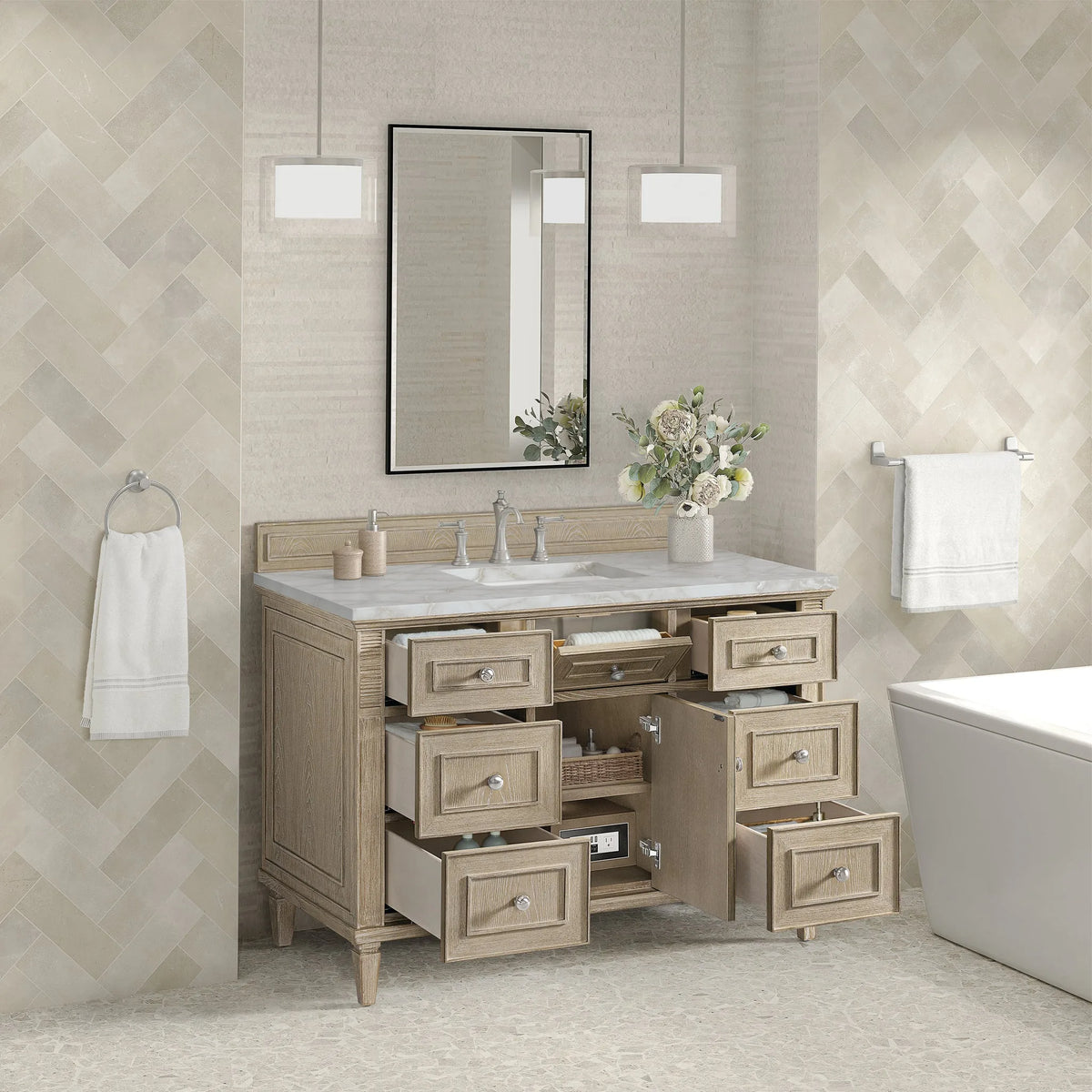 Lorelai 48" Single Vanity, Whitewashed Oak w/ 3 CM Victorian Silver Silestone Top