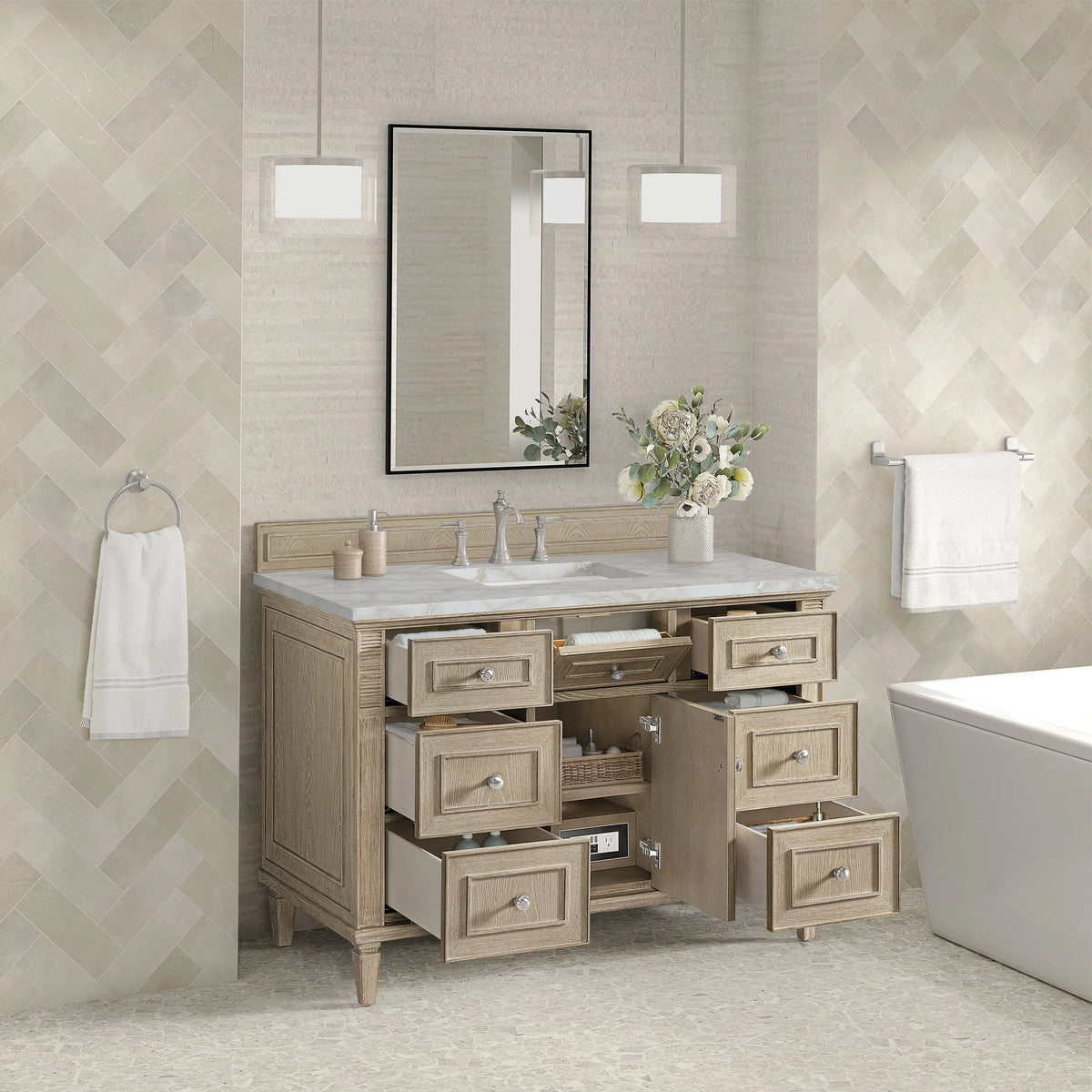 Lorelai 48" Single Vanity, Whitewashed Oak w/ 3 CM Victorian Silver Silestone Top w/FreePower Wireless Charger