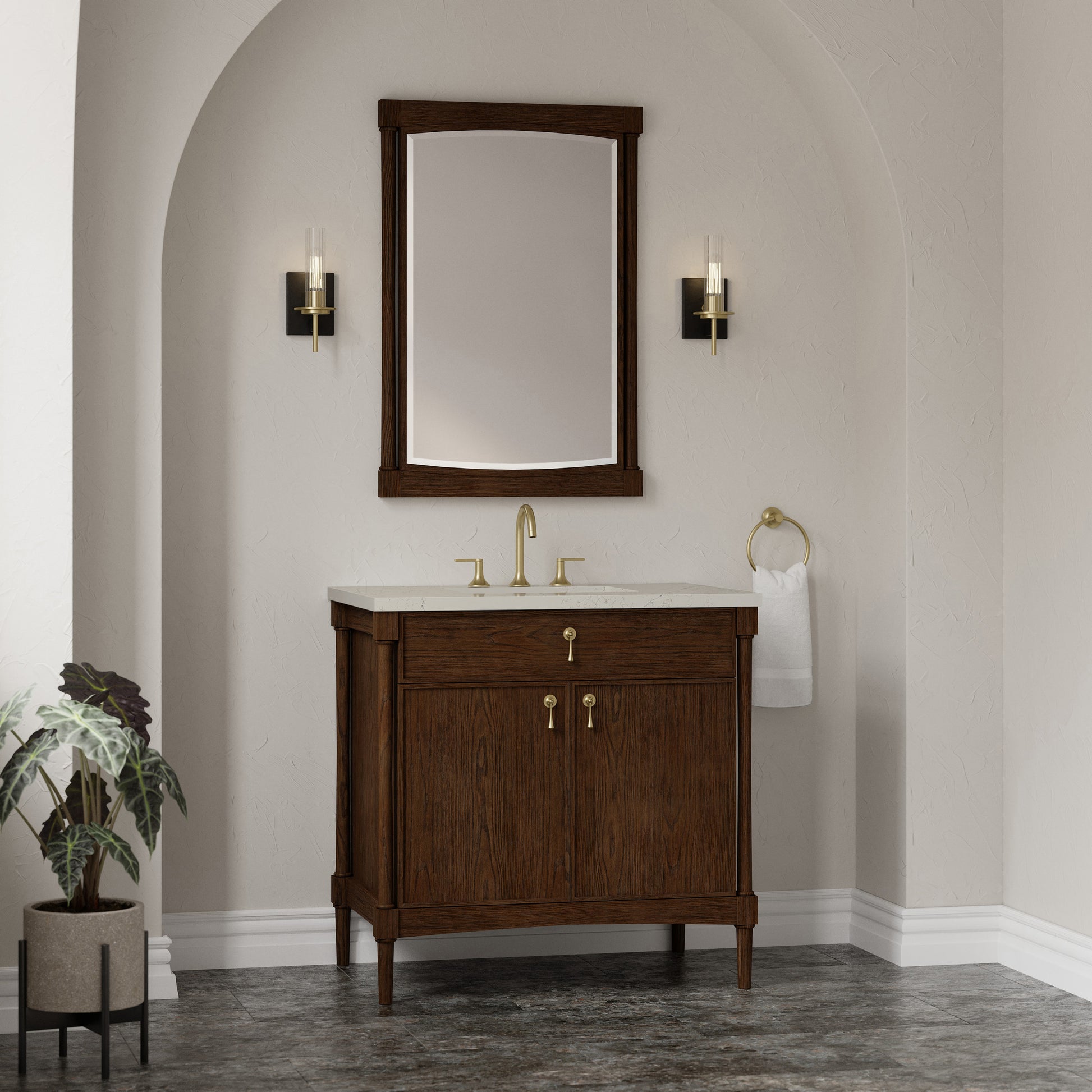 Renovate for Less Atlanta Kinnsden 36" Single Vanity, Sable Oak w/ 3 CM Siberian Silestone Top