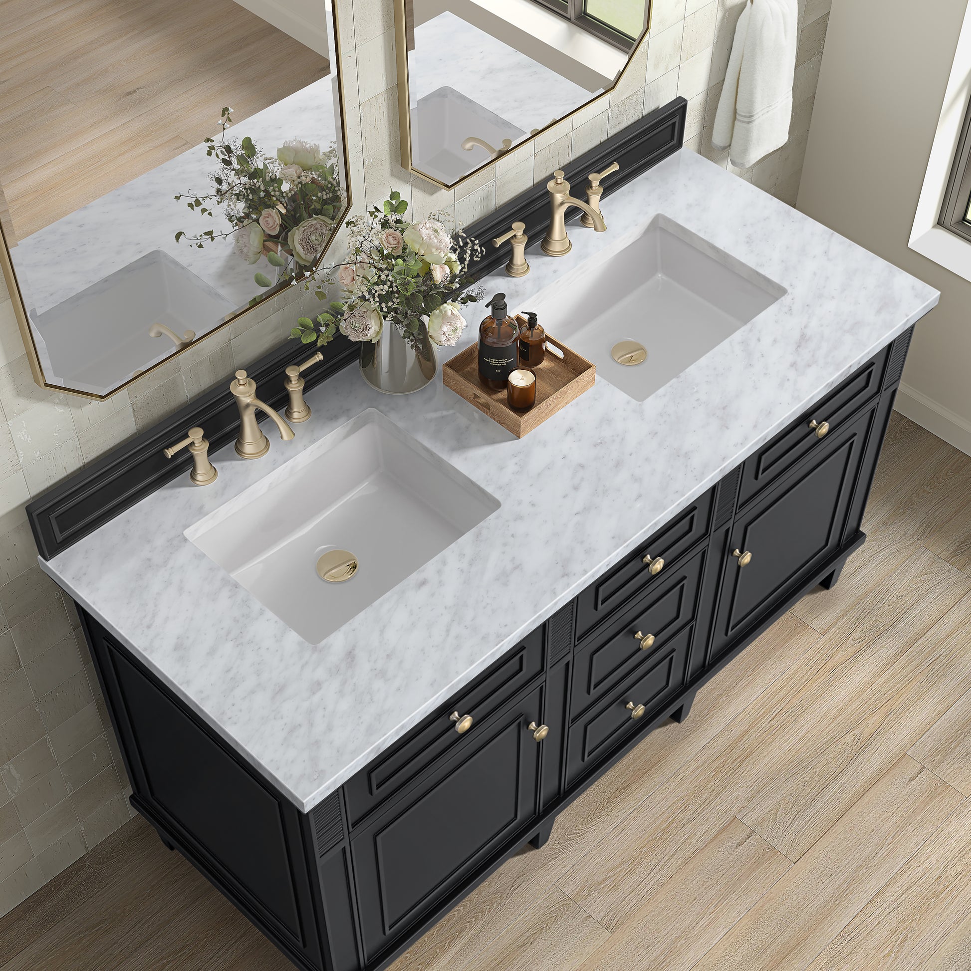 Renovate for Less Atlanta Lorelai 60" Double Vanity, Black Onyx w/ 3 CM White Zeus Silestone Top
