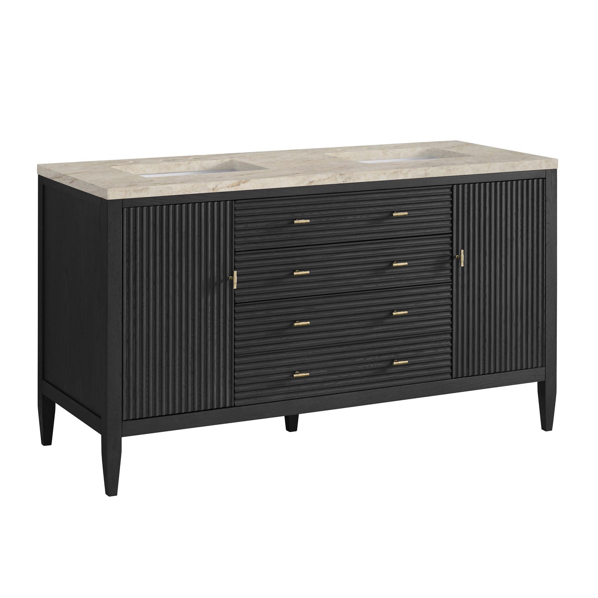 Renovate for Less Atlanta Myrrin 60" Double Vanity, Carbon Oak, w/ 3 CM Tajnar Eclos Top w/FreePower Wireless Charger