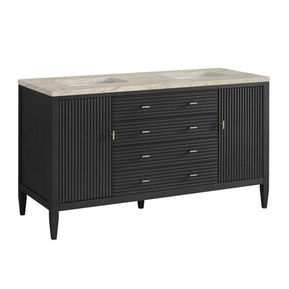 Renovate for Less Atlanta Myrrin 60" Double Vanity, Carbon Oak, w/ 3 CM Tajnar Eclos Top w/FreePower Wireless Charger