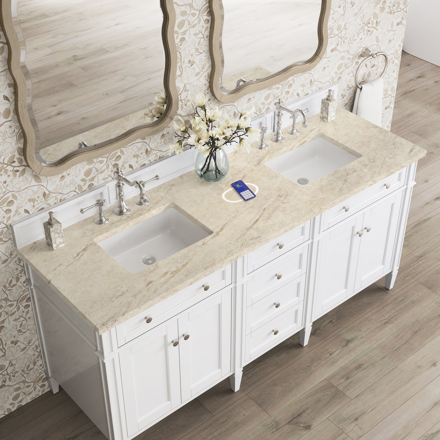 Renovate for Less Atlanta Brittany 72" Double Vanity in Bright White, w/ 3 CM Tajnar Eclos Top w/FreePower Wireless Charger
