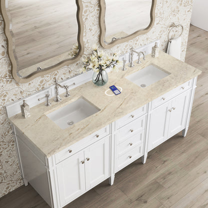 Renovate for Less Atlanta Brittany 72" Double Vanity in Bright White, w/ 3 CM Tajnar Eclos Top w/FreePower Wireless Charger