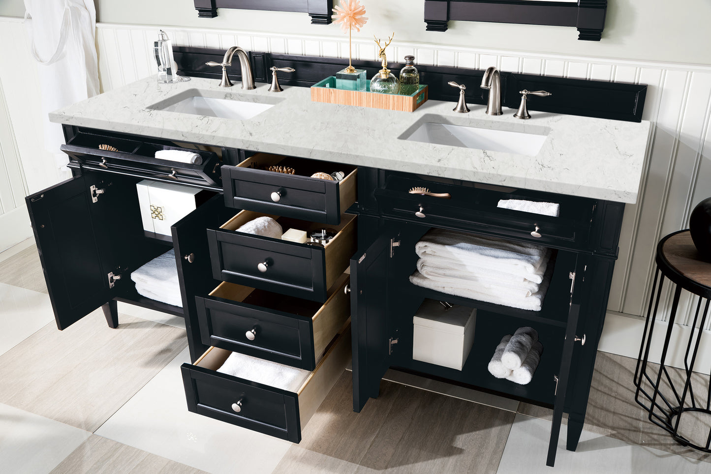 Renovate for Less Atlanta Brittany 72" Double Vanity, Black Onyx w/ 3 CM Eternal Jasmine Pearl Silestone Top w/FreePower Wireless Charger