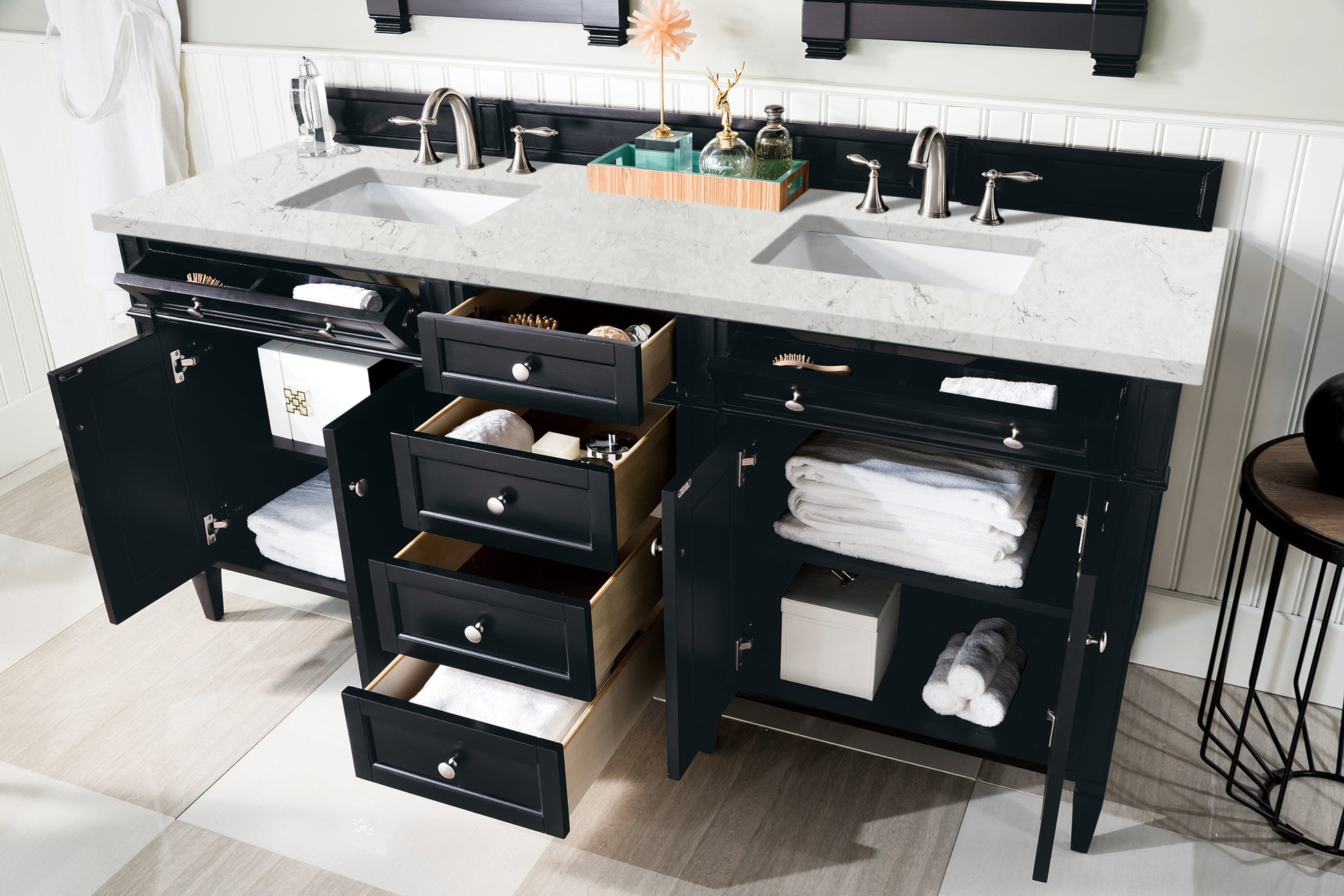 Renovate for Less Atlanta Brittany 72" Double Vanity, Black Onyx w/ 3 CM Eternal Jasmine Pearl Silestone Top
