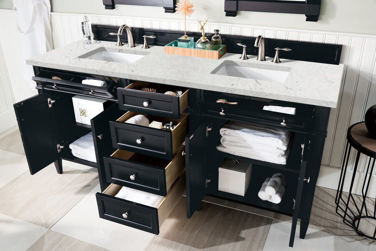 Renovate for Less Atlanta Brittany 72" Double Vanity, Black Onyx w/ 3 CM Eternal Jasmine Pearl Silestone Top w/FreePower Wireless Charger