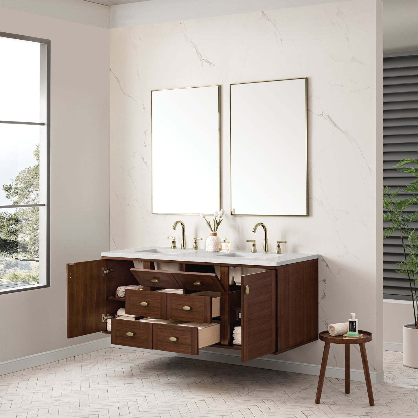 Renovate for Less Atlanta Amberly 60" Double Vanity, Mid-Century Walnut w/ 3 CM Lime Delight Top