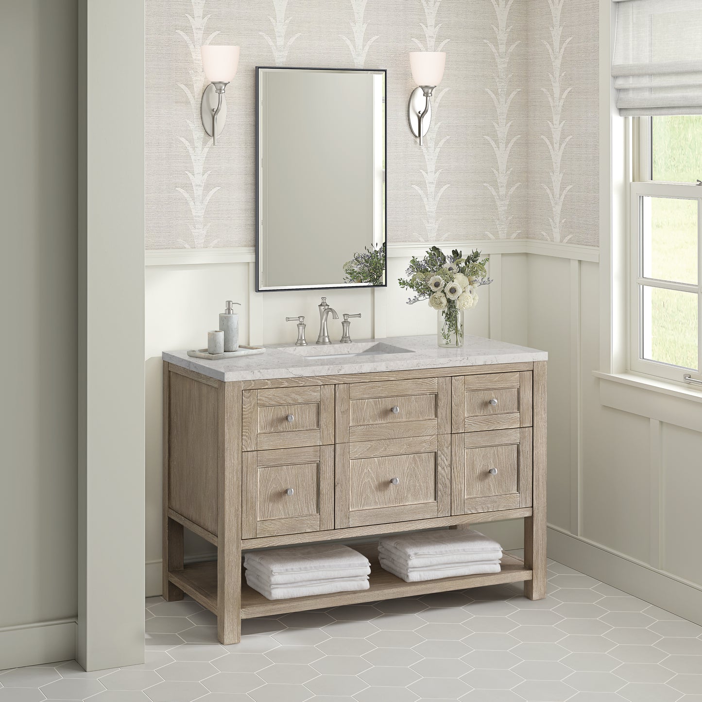 Renovate for Less Atlanta Breckenridge 48" Single Vanity, Whitewashed Oak w/ 3 CM Eternal Jasmine Pearl Silestone Top