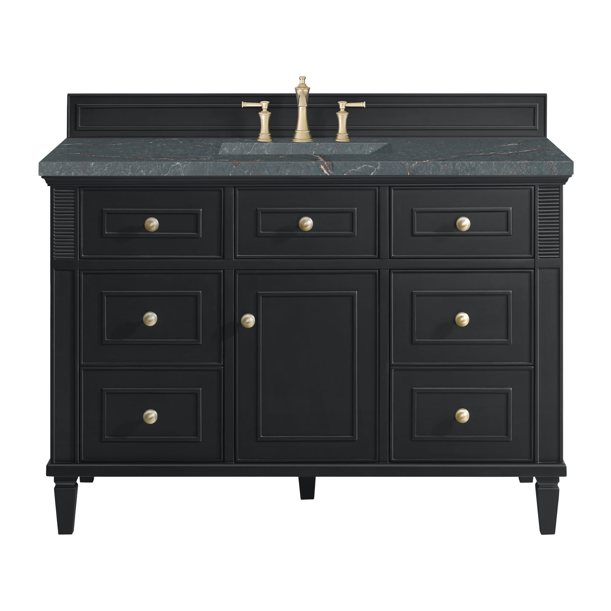 Renovate for Less Atlanta Lorelai 48" Single Vanity, Black Onyx w/ 3 CM Parisien Bleu Silestone Top w/FreePower Wireless Charger