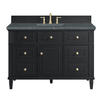 Renovate for Less Atlanta Lorelai 48" Single Vanity, Black Onyx w/ 3 CM Parisien Bleu Silestone Top w/FreePower Wireless Charger