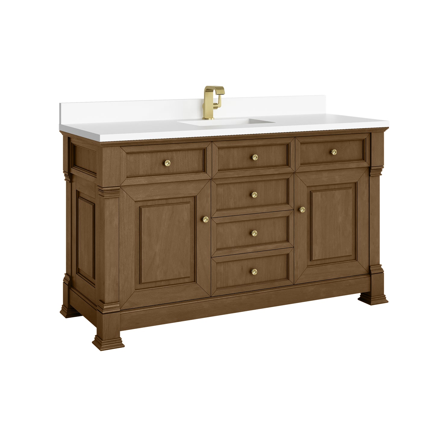 Renovate for Less Atlanta Brookfield 60" Single Vanity, Honey Oak w/ Single Hole 3 CM White Zeus Silestone Top & Backsplash