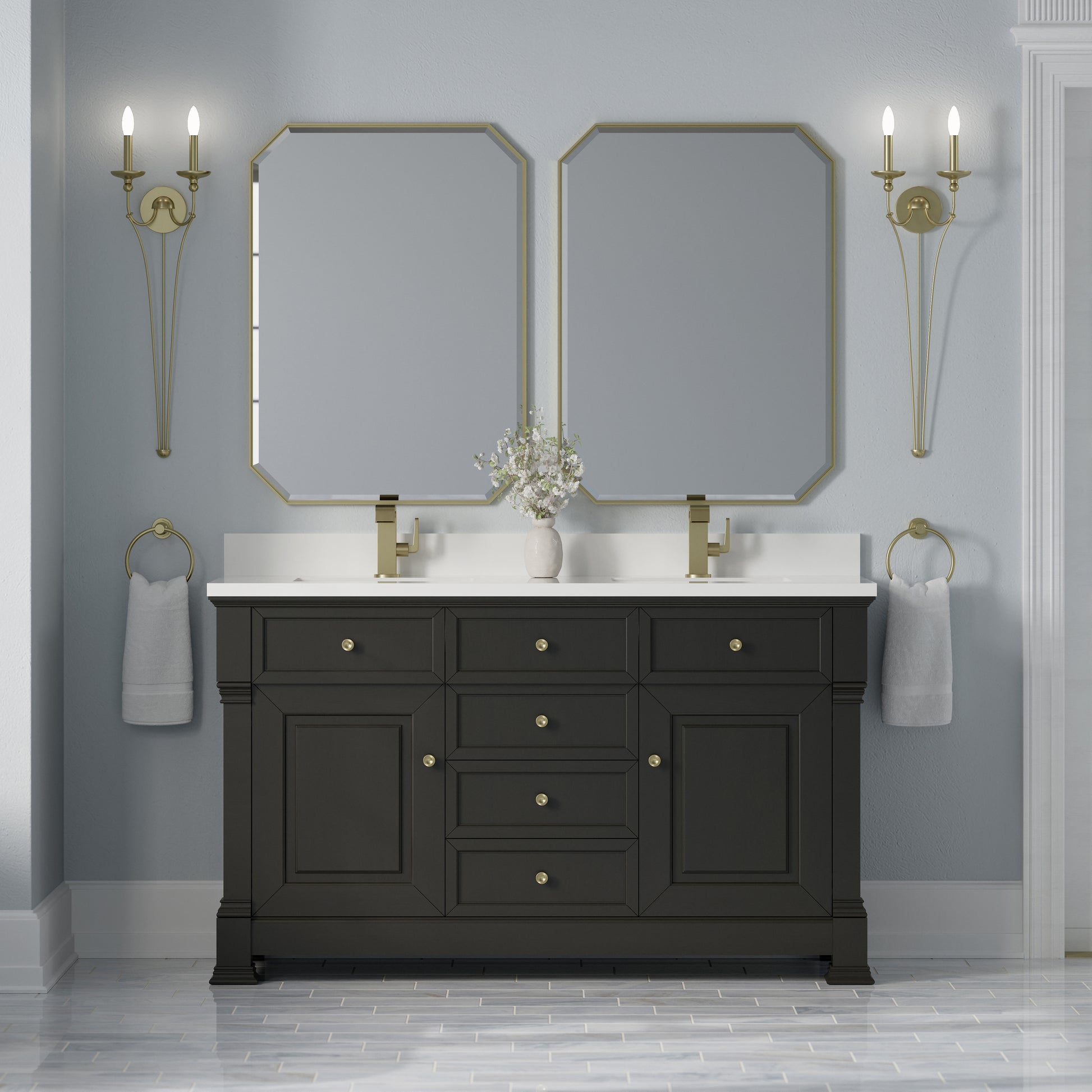 Renovate for Less Atlanta Brookfield 60" Double Vanity, Black Onyx w/ Single Hole 3CM White Zeus Silestone Top & Backsplash