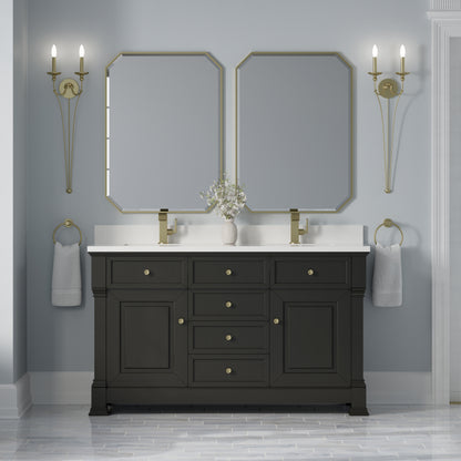 Renovate for Less Atlanta Brookfield 60" Double Vanity, Black Onyx w/ Single Hole 3CM White Zeus Silestone Top & Backsplash