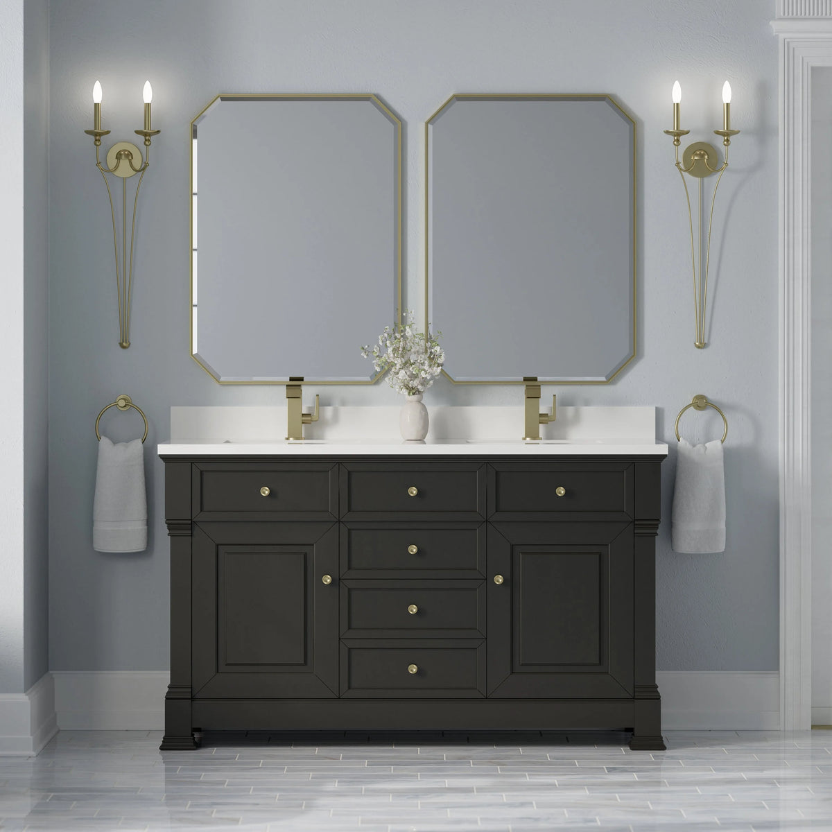 Brookfield 60" Double Vanity, Black Onyx w/ Single Hole 3CM White Zeus Silestone Top & Backsplash