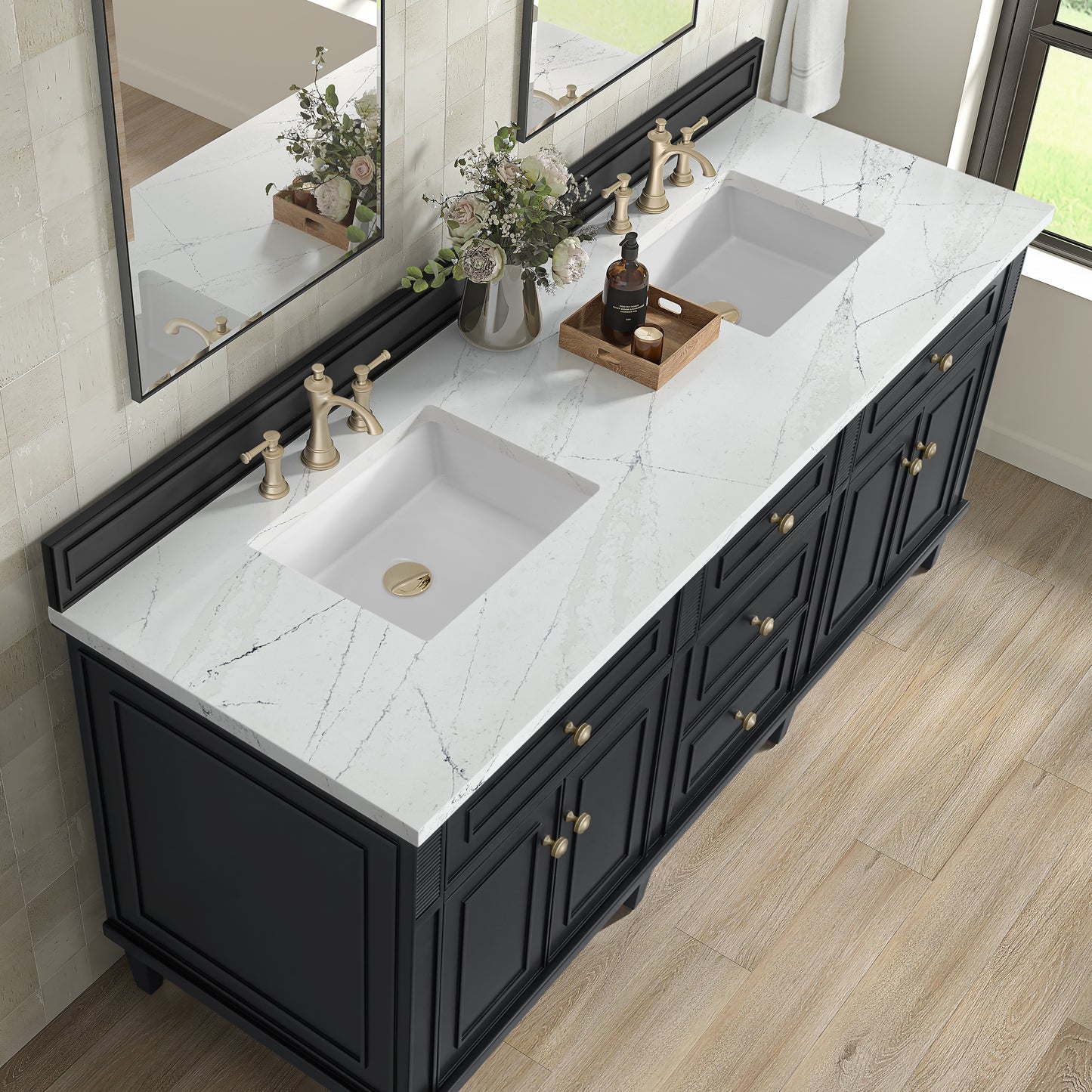 Renovate for Less Atlanta Lorelai 72" Double Vanity, Black Onyx w/ 3 CM White Zeus Silestone Top