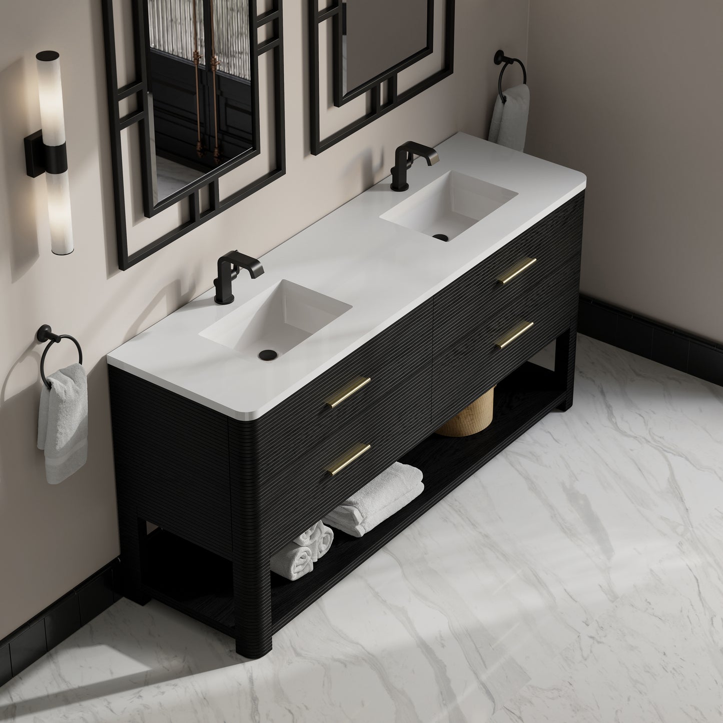 Renovate for Less Atlanta Lucian 72" Double Vanity, Carbon Oak w/ 3 CM White Zeus Silestone Top