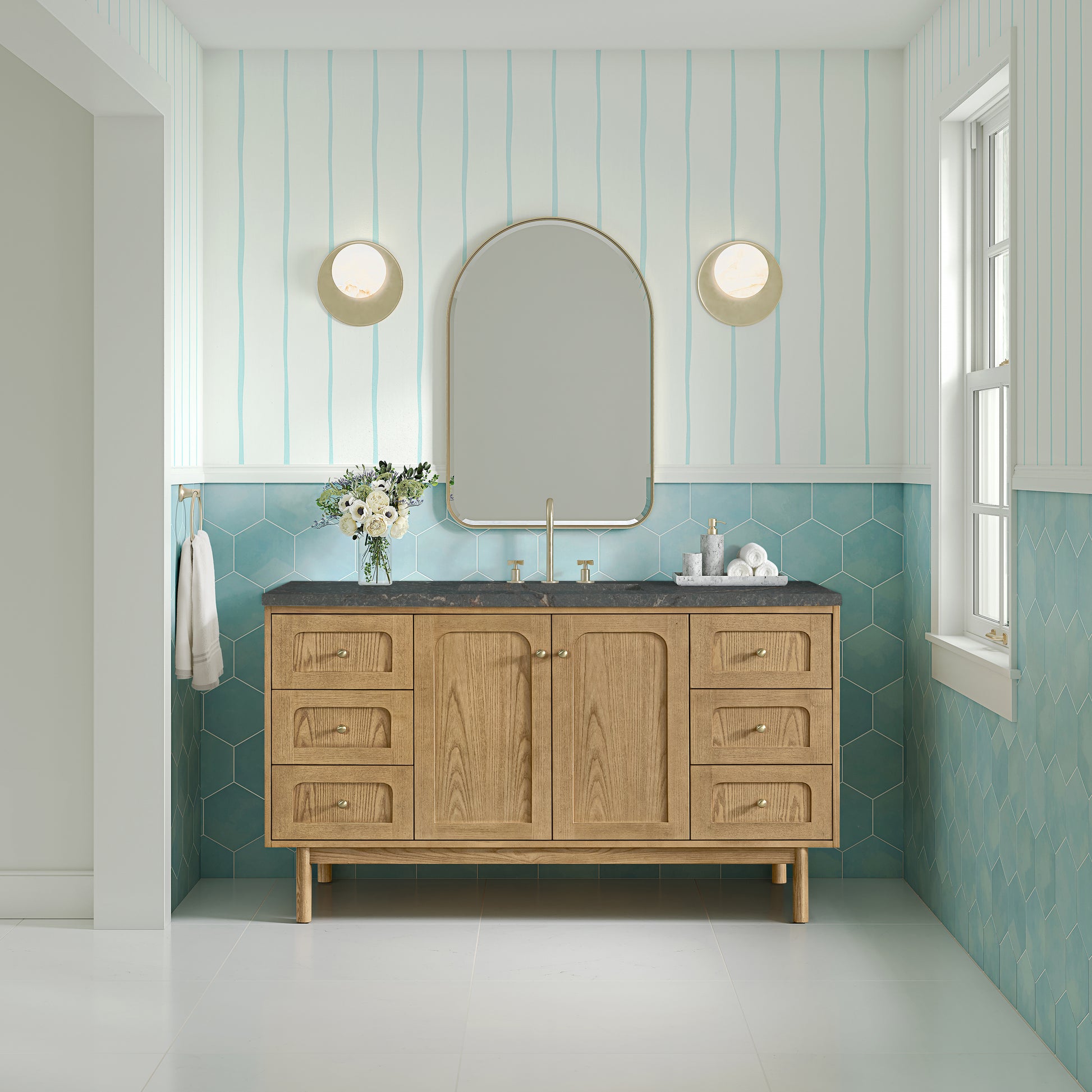 Renovate for Less Atlanta Laurent 60" Single Vanity, Light Natural Oak, w/ 3 CM Parisien Bleu Quartz Top