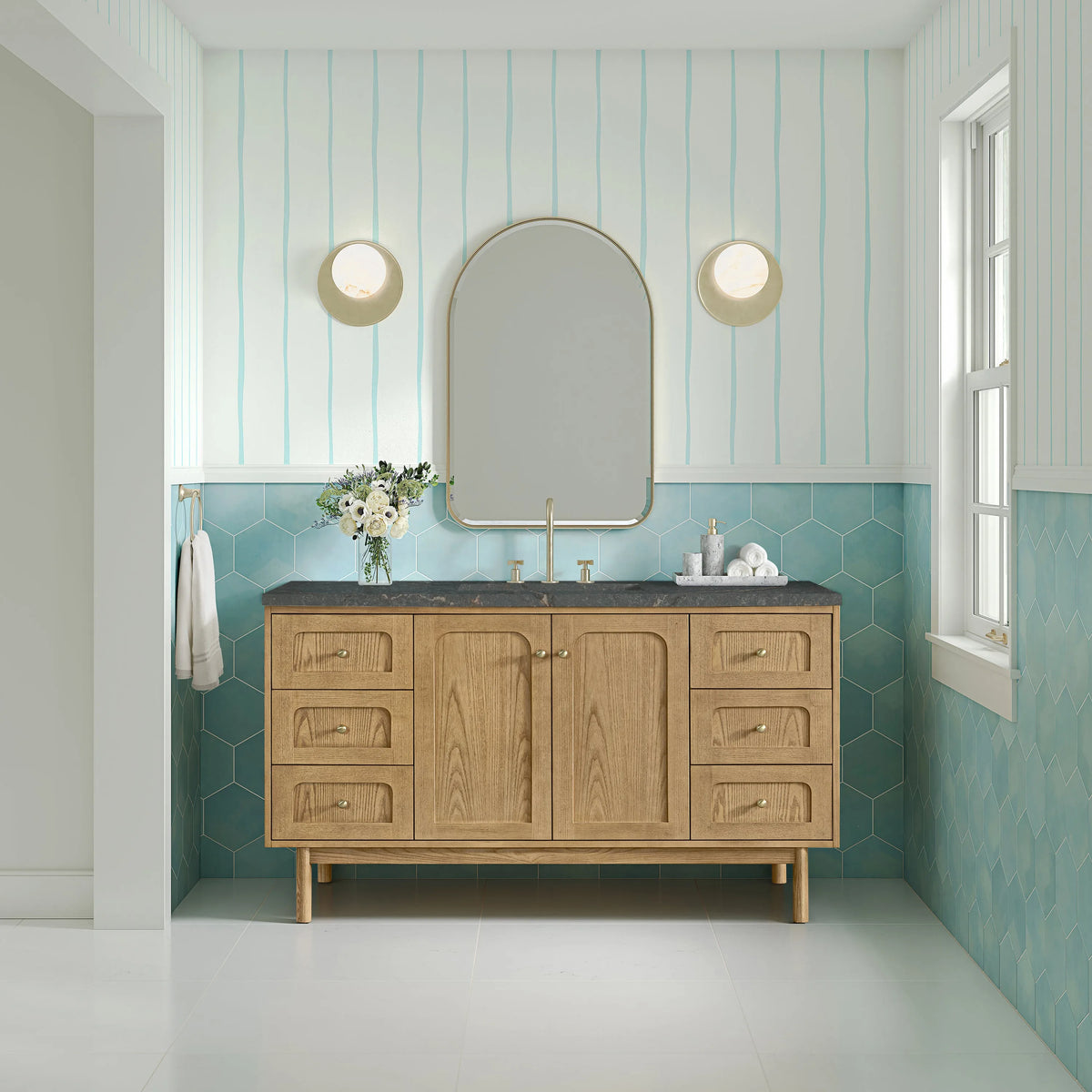 Laurent 60" Single Vanity, Light Natural Oak, w/ 3 CM Parisien Bleu Quartz Top