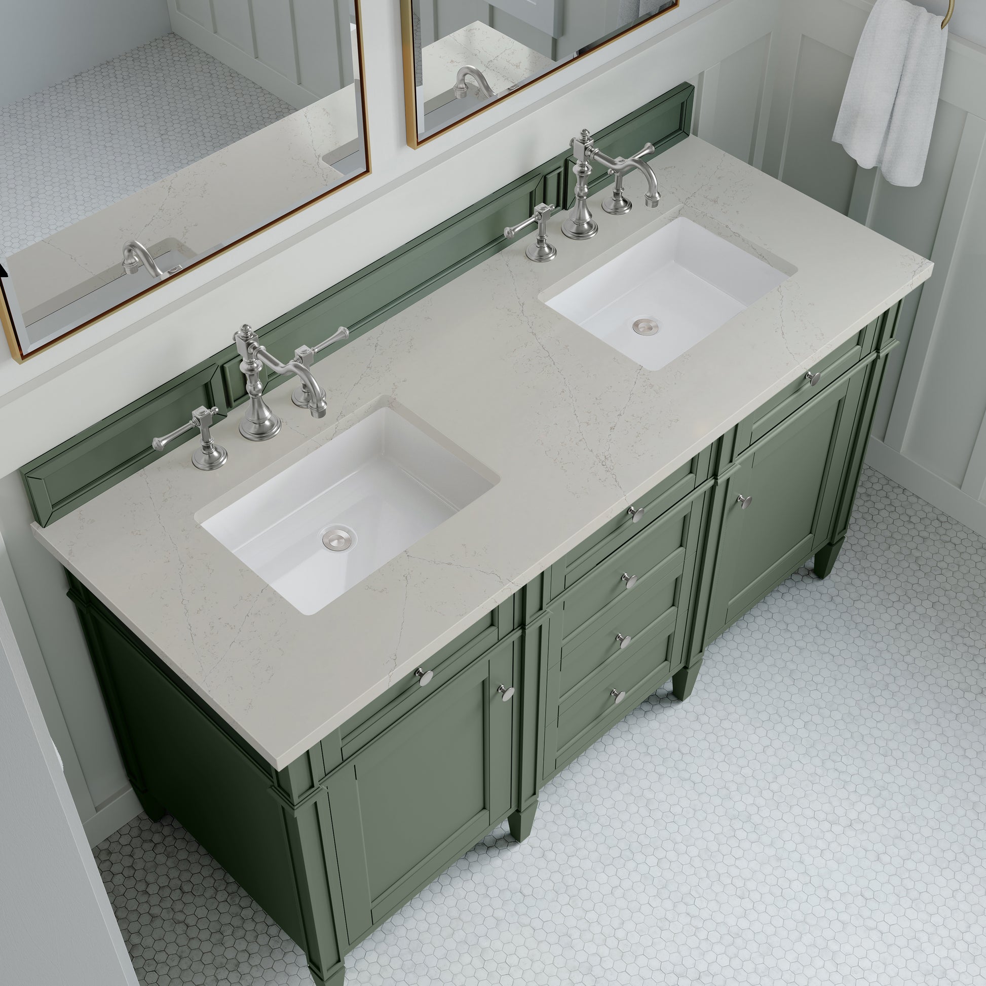Renovate for Less Atlanta Brittany 60" Double Vanity, Smokey Celadon, w/ 3 CM Siberian Silestone Top