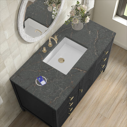 Renovate for Less Atlanta Myrrin 48" Single Vanity, Carbon Oak w/ 3 CM Parisien Bleu Silestone Top w/FreePower Wireless Charger
