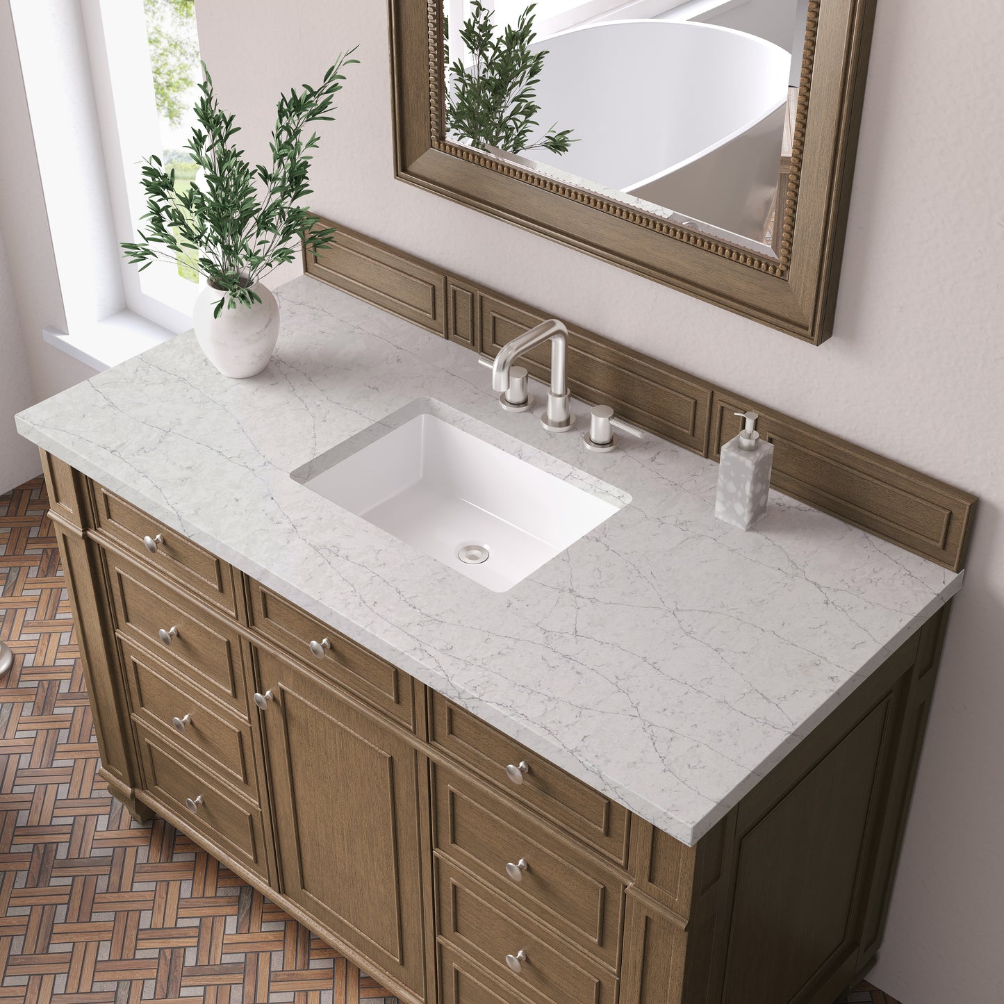 Renovate for Less Atlanta Bristol 48" Single Vanity, Saddle Brown w/ 3 CM Eternal Jasmine Pearl Silestone Top