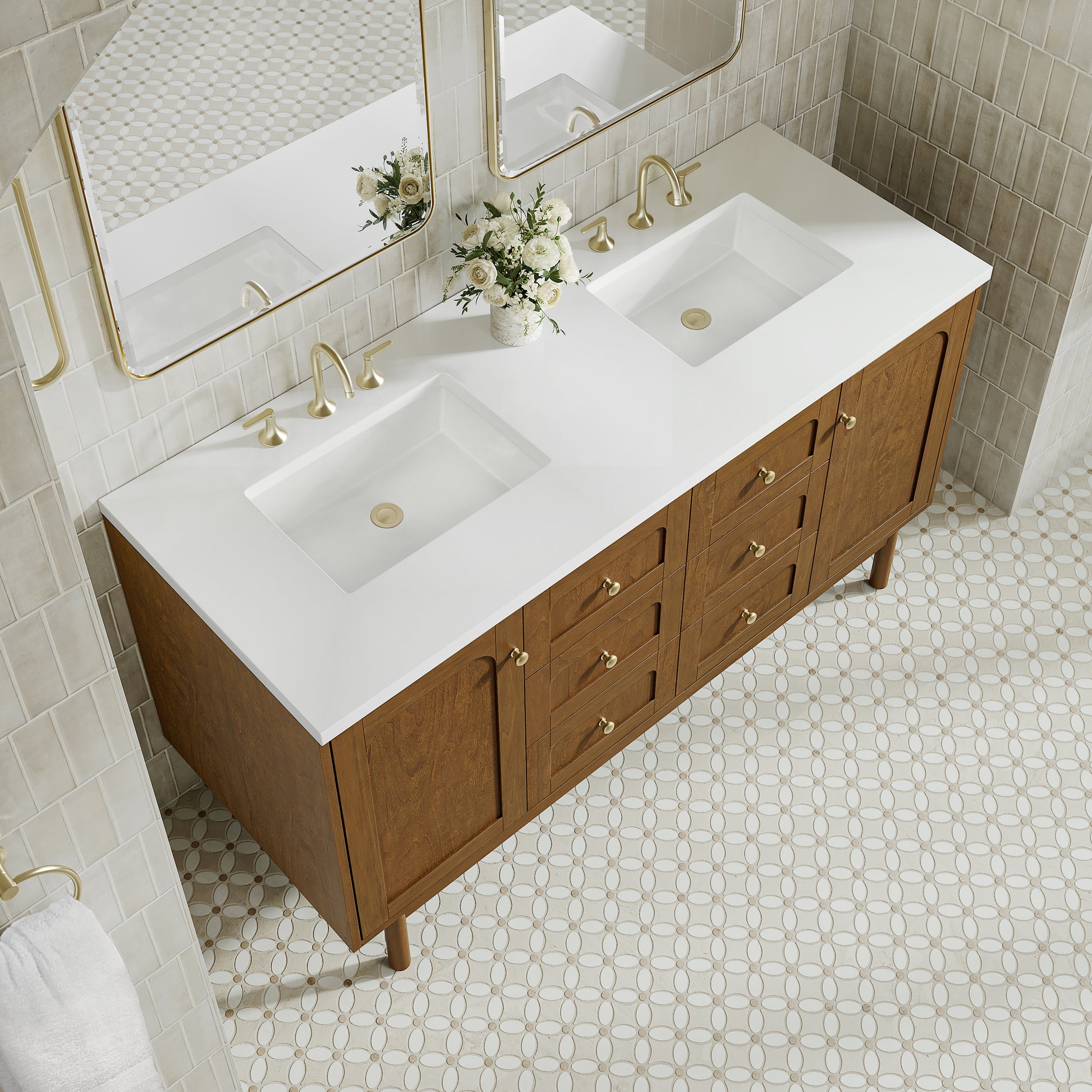 Renovate for Less Atlanta Laurent 60" Double Vanity, Honey Oak w/ 3 CM White Zeus Silestone Top