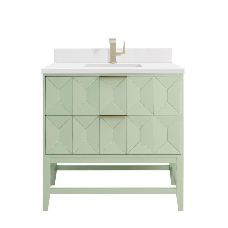 Renovate for Less Atlanta Emmeline 36" Single Vanity, Pistachio w/ Single Hole 3 CM White Zeus Top & Backsplash