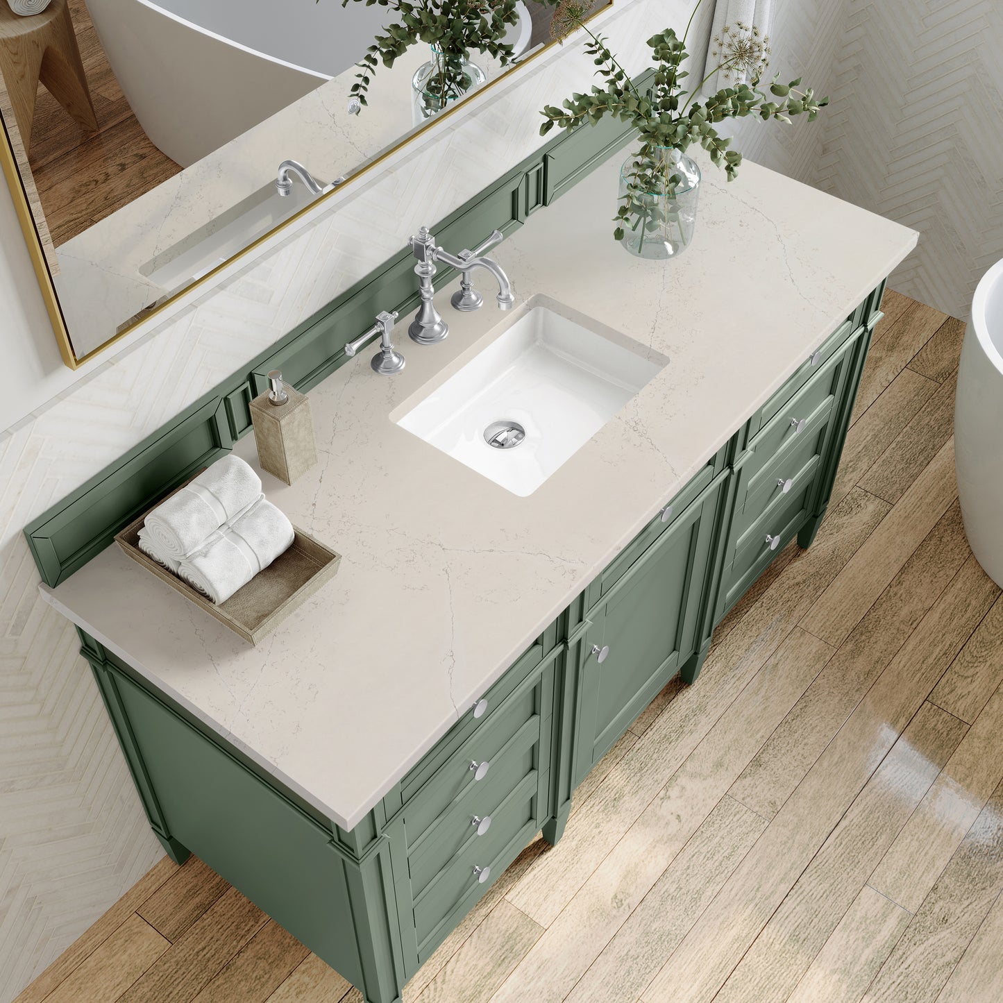 Renovate for Less Atlanta Brittany 60" Single Vanity, Smokey Celadon, w/ 3 CM Siberian Silestone Top