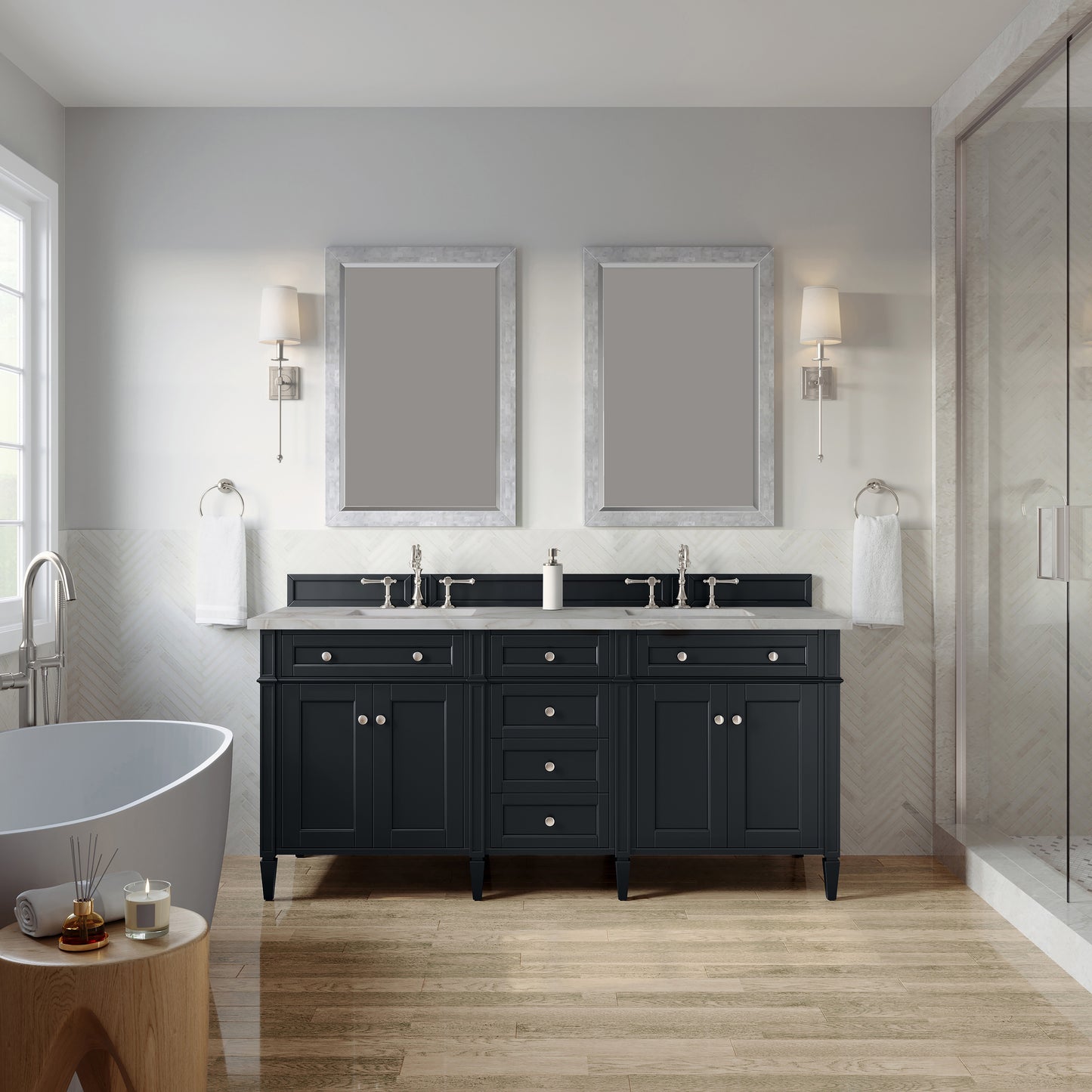 Renovate for Less Atlanta Brittany 72" Double Vanity, Black Onyx w/ 3 CM Victorian Silver Silestone Top