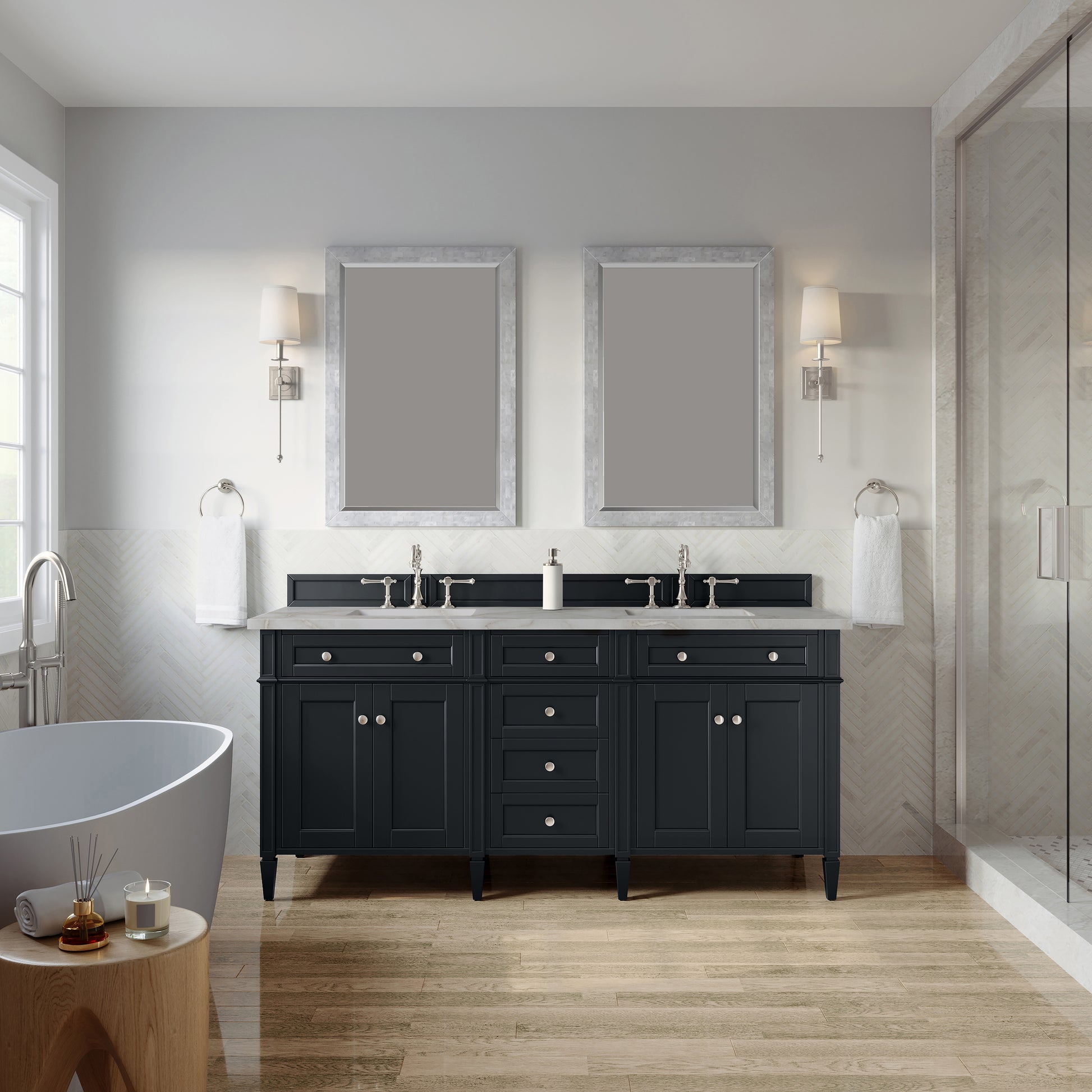Renovate for Less Atlanta Brittany 72" Double Vanity, Black Onyx w/ 3 CM Victorian Silver Silestone Top
