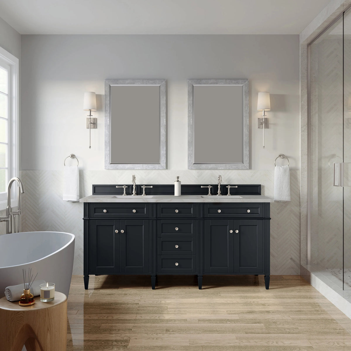 Brittany 72" Double Vanity, Black Onyx w/ 3 CM Victorian Silver Silestone Top