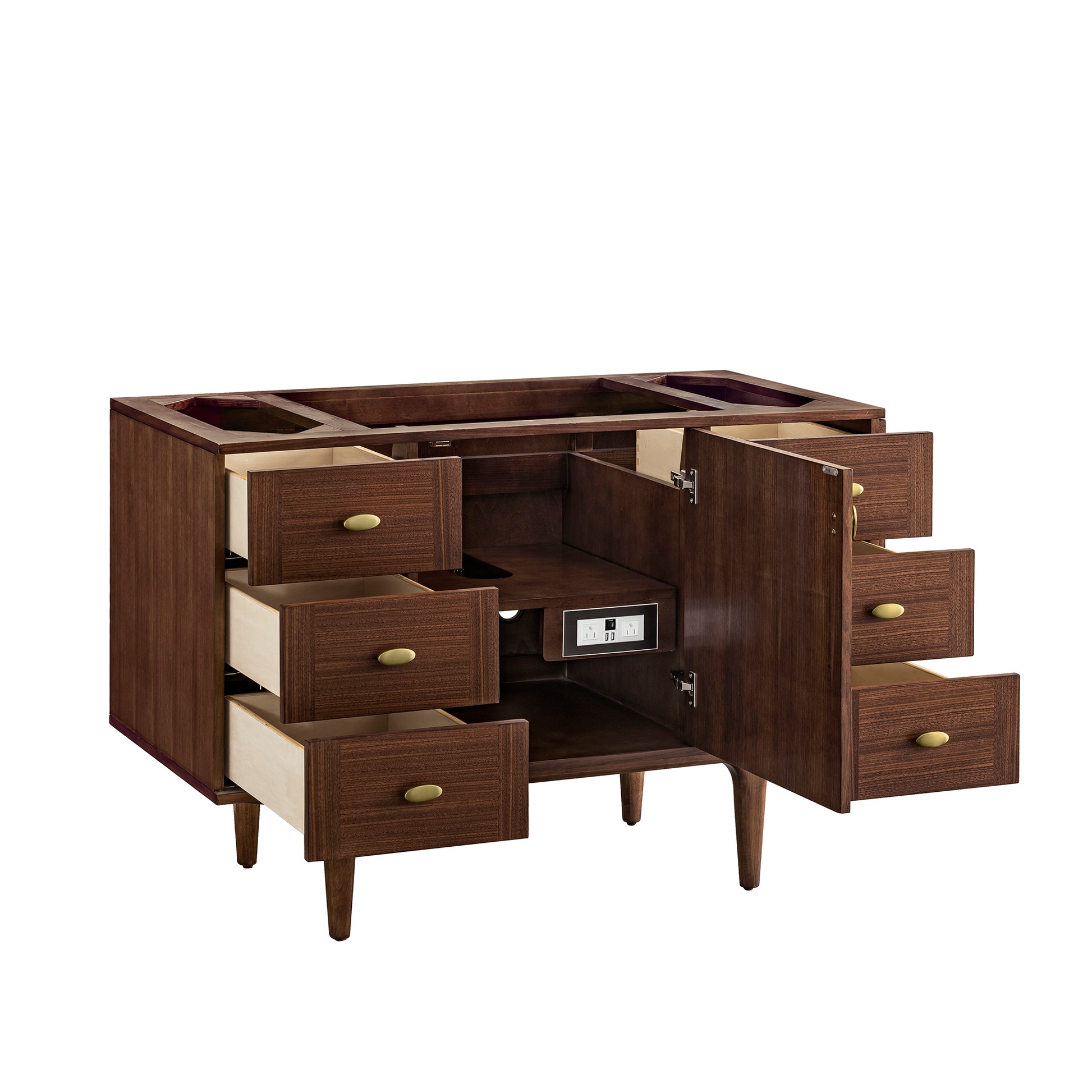 Renovate for Less Atlanta Amberly 48" Single Vanity, Mid-Century Walnut, w/ 3 CM Tajnar Eclos Top w/FreePower Wireless Charger