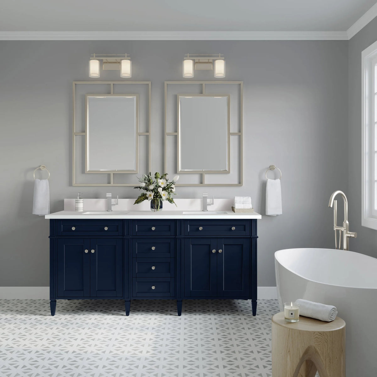 Brittany 72" Double Vanity, Victory Bleu w/ Single Hole 3 CM White Zeus Silestone Top & Backsplash