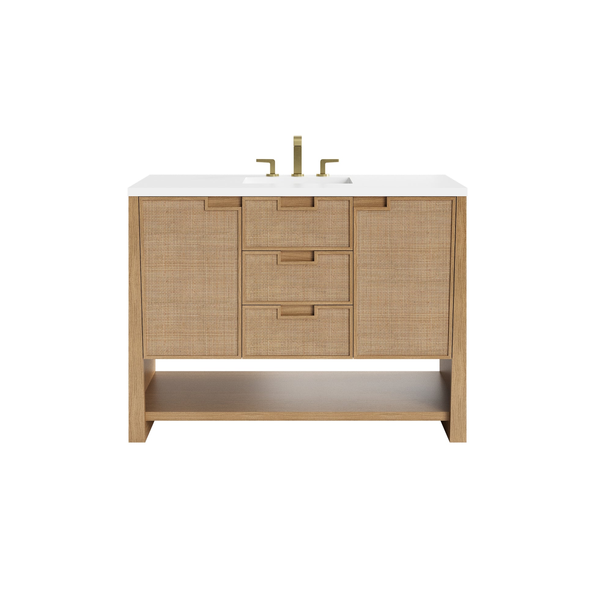 Renovate for Less Atlanta Solene 48" Single Vanity, Seaside Oak, w/ 3 CM White Zeus Quartz Top